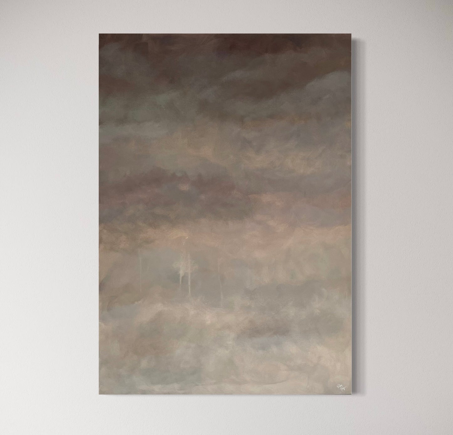 Calm Beige - harmonisk handgjord tavla av Elin Palmgren i vit, beige och brun som hänger på en helvit vägg.