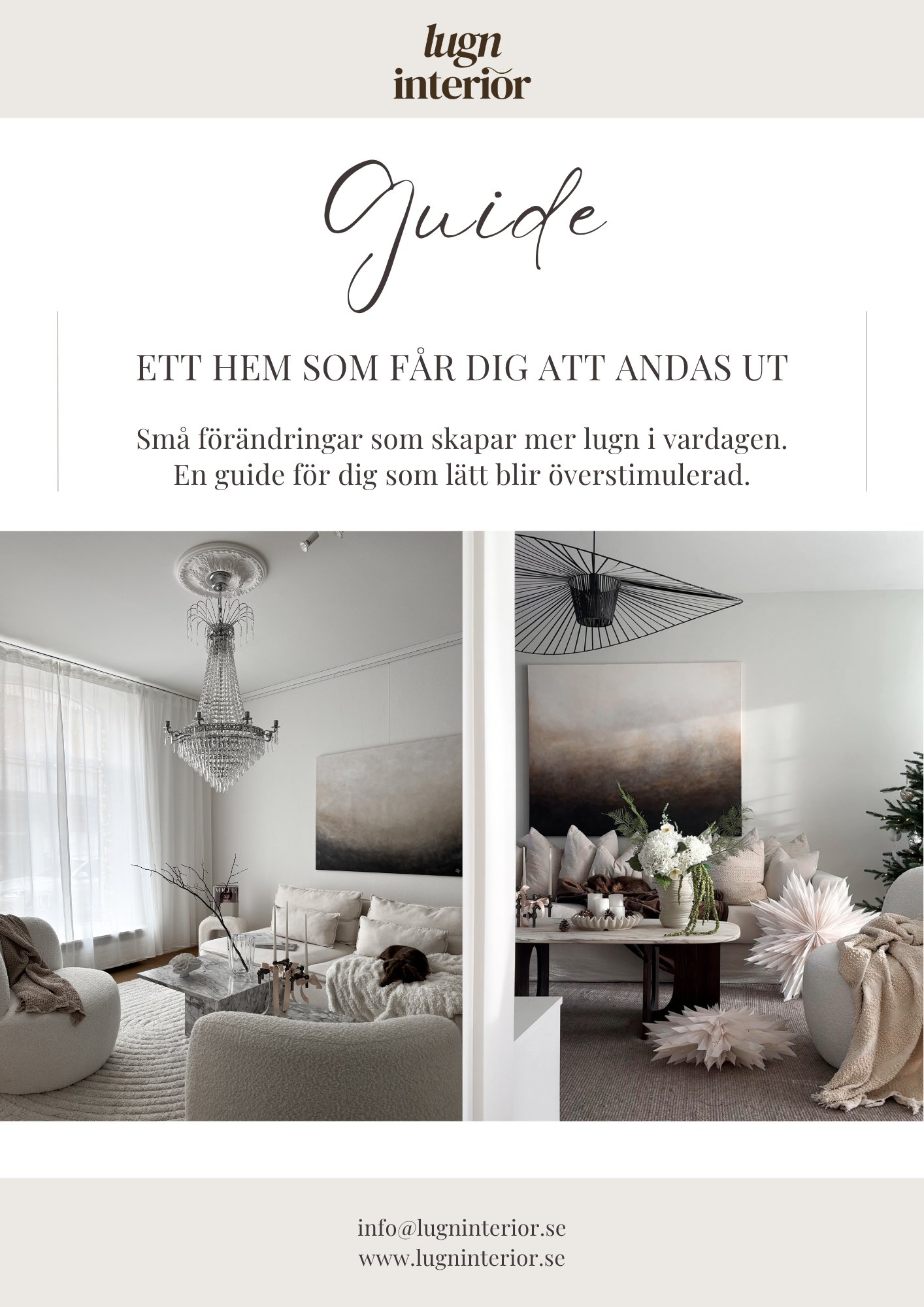 Omslag till guide till ett lugnt hem från Elin Palmgren på LUGN Interiör i Linköping.