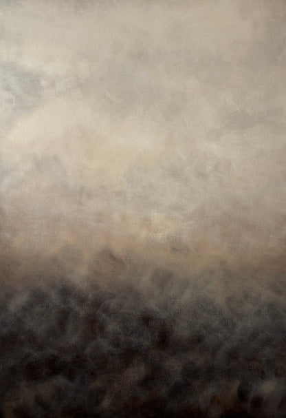 Närbild av abstrakt tavla Andetag – handmålat konstverk i brun, beige och svart av Elin Palmgren