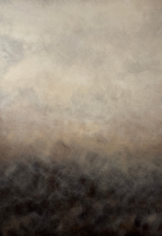 Närbild av abstrakt tavla Andetag – handmålat konstverk i brun, beige och svart av Elin Palmgren