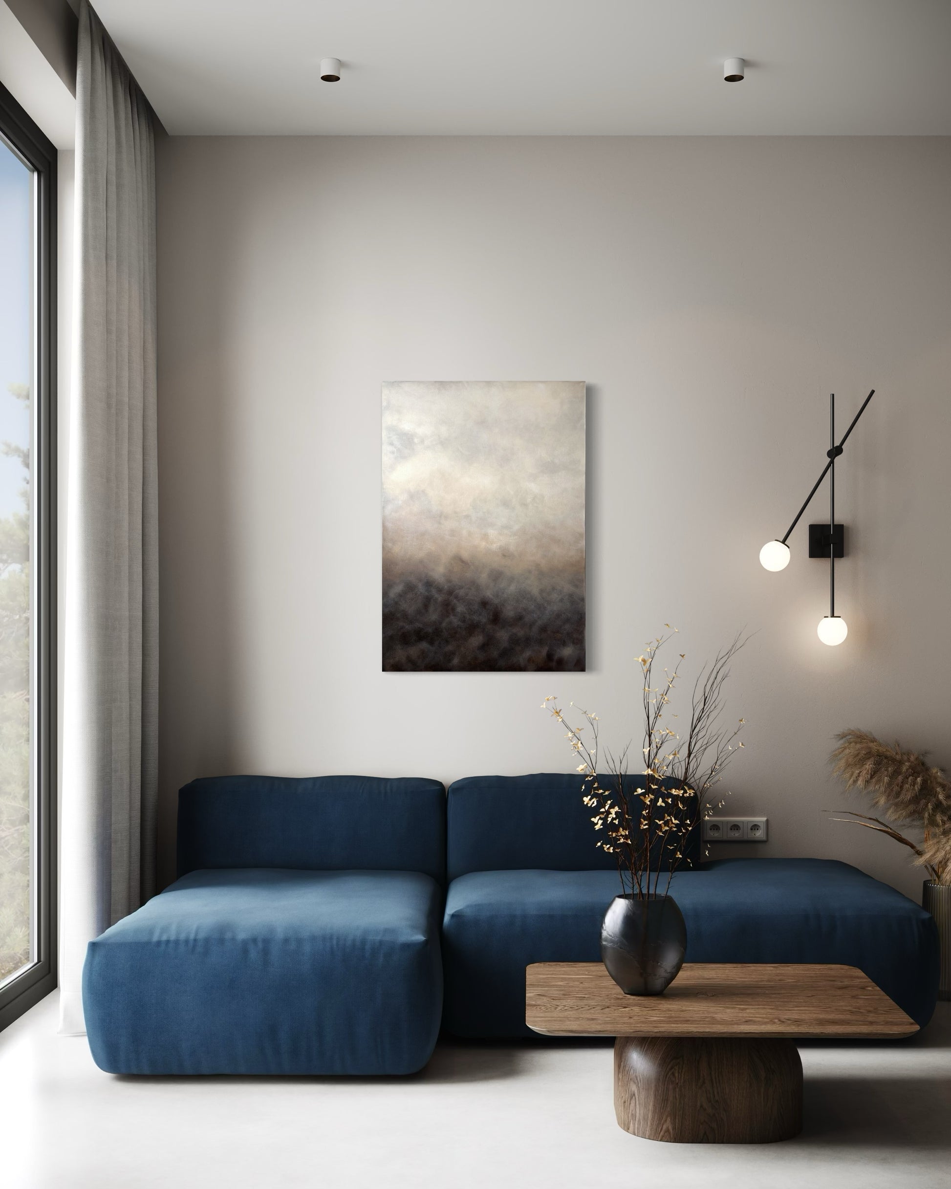 Handmålad abstrakt tavla Andetag – deep edge canvas av Elin Palmgren i ett lugnt vardagsrum