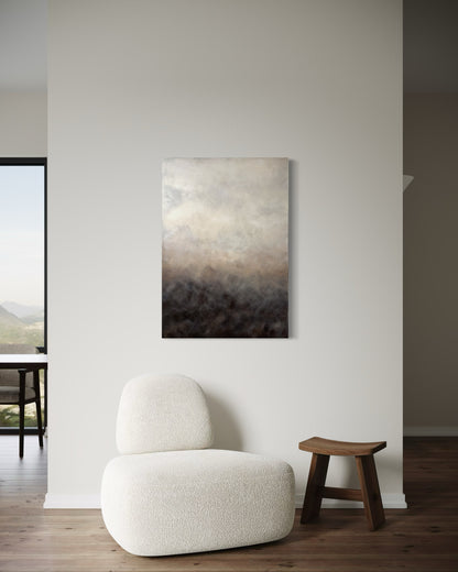 Abstrakt tavla Andetag av Elin Palmgren, 70x100 cm, akryl på duk i ett japandi-inrett rum
