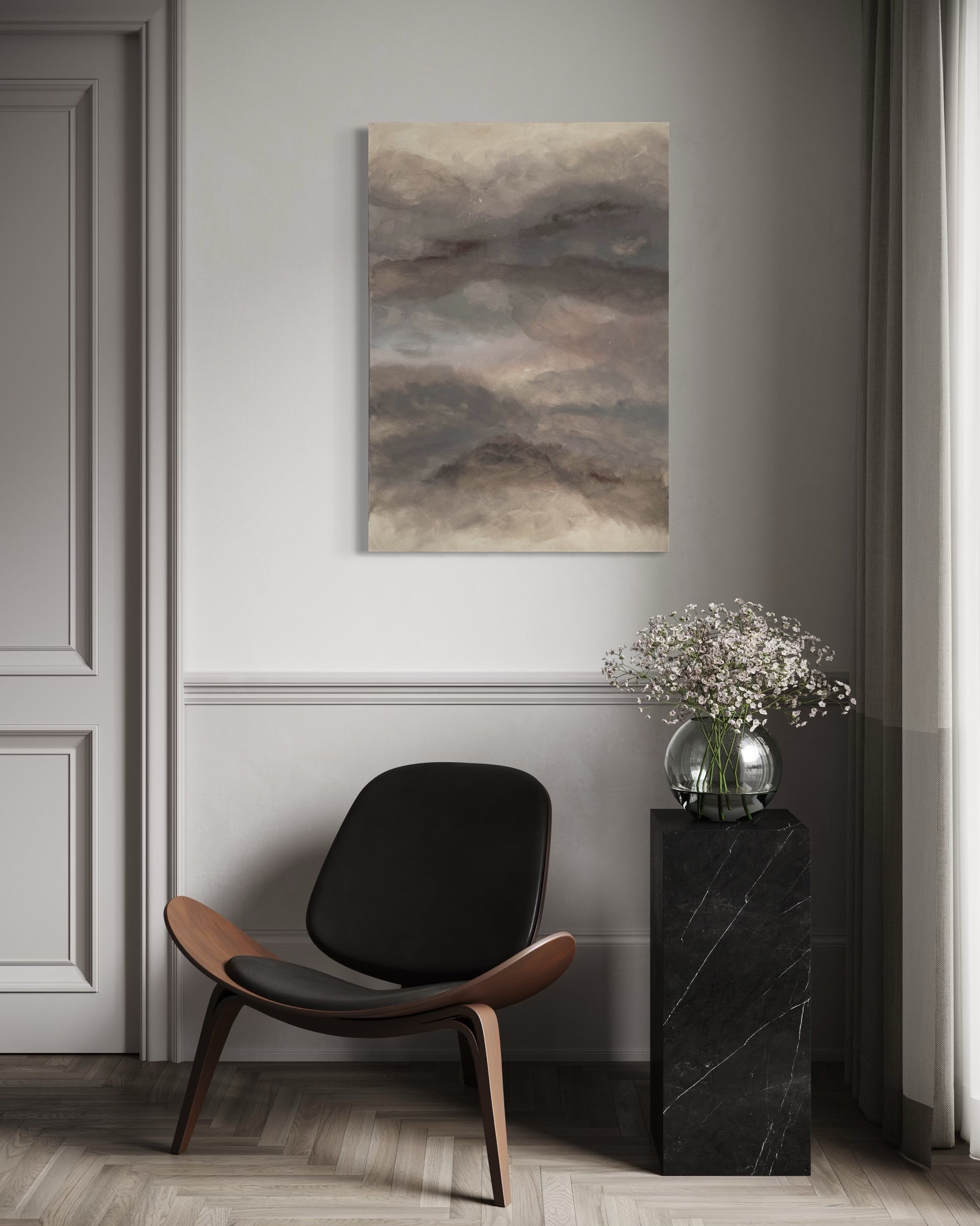 Handmålad abstrakt tavla Archipelago – deep edge canvas av Elin Palmgren som hänger i en minimalistisk hall