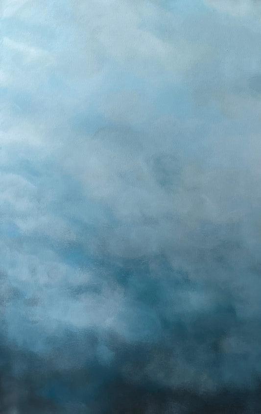 Närbild av penseldragen i en abstrakt handmålad tavla Baby Blue av Elin Palmgren