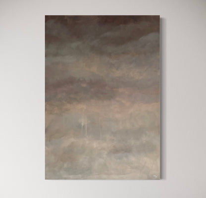 Calm Beige - harmonisk handgjord tavla av Elin Palmgren i vit, beige och brun som hänger på en helvit vägg.