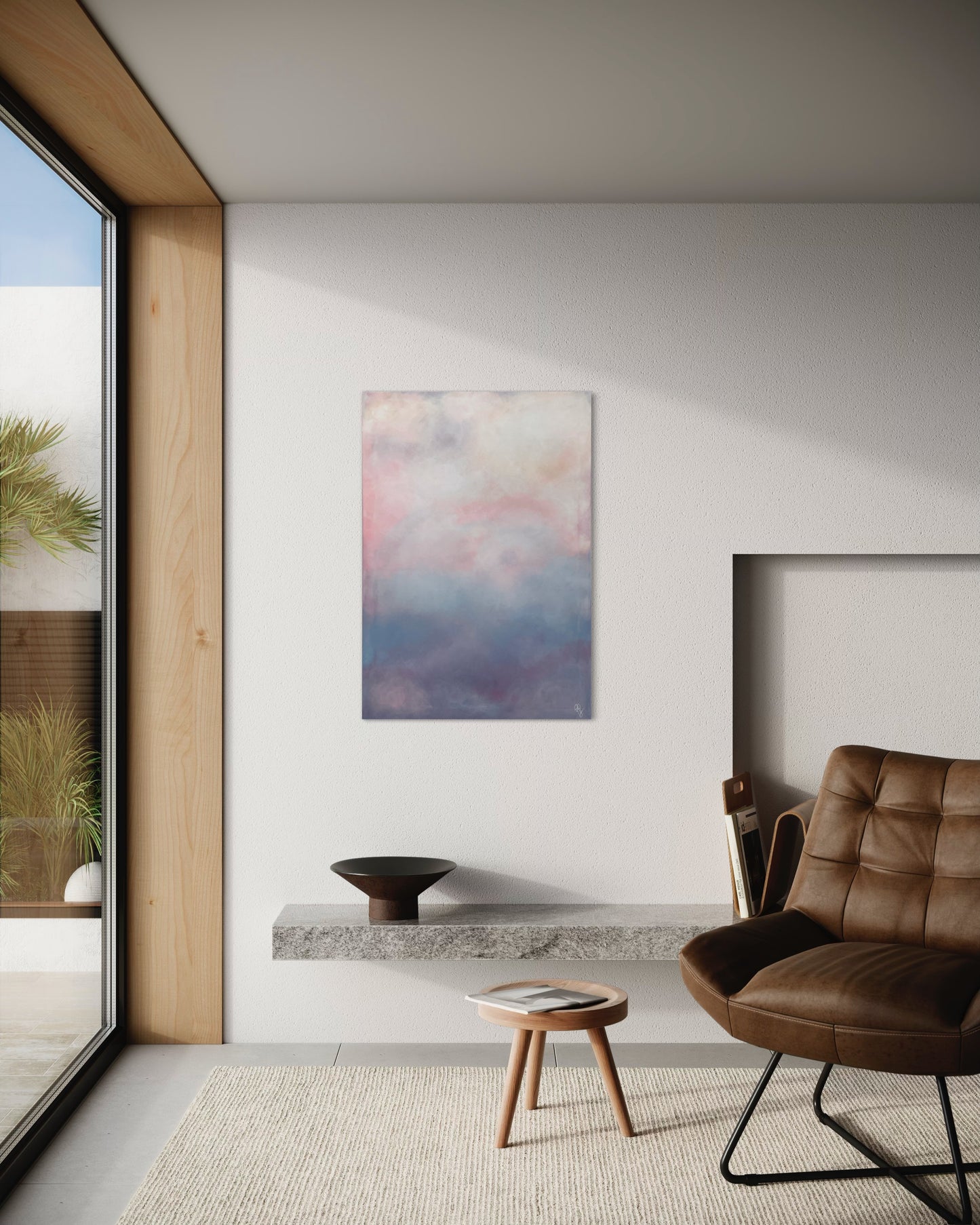 Cotton Candy av Elin Palmgren – abstrakt tavla i pastelliga toner av rosa, lila och blå i minimalistiskt vardagsrum