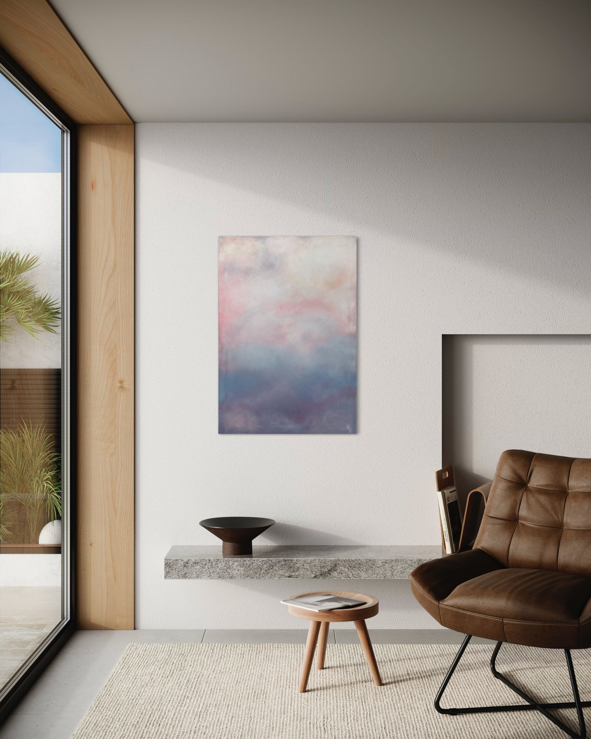 Cotton Candy av Elin Palmgren – abstrakt tavla i pastelliga toner av rosa, lila och blå i minimalistiskt vardagsrum