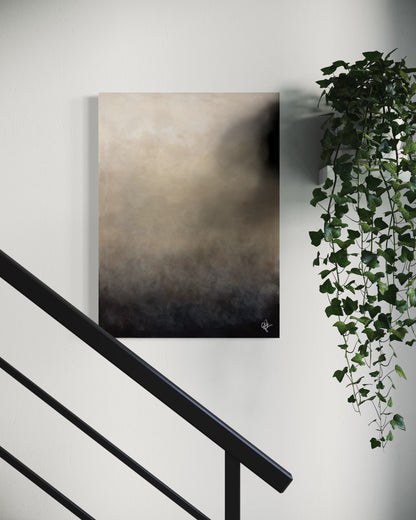 Originalmålning Dagg av Elin Palmgren – lugn inredning med abstrakt konst i svart, beige och grå