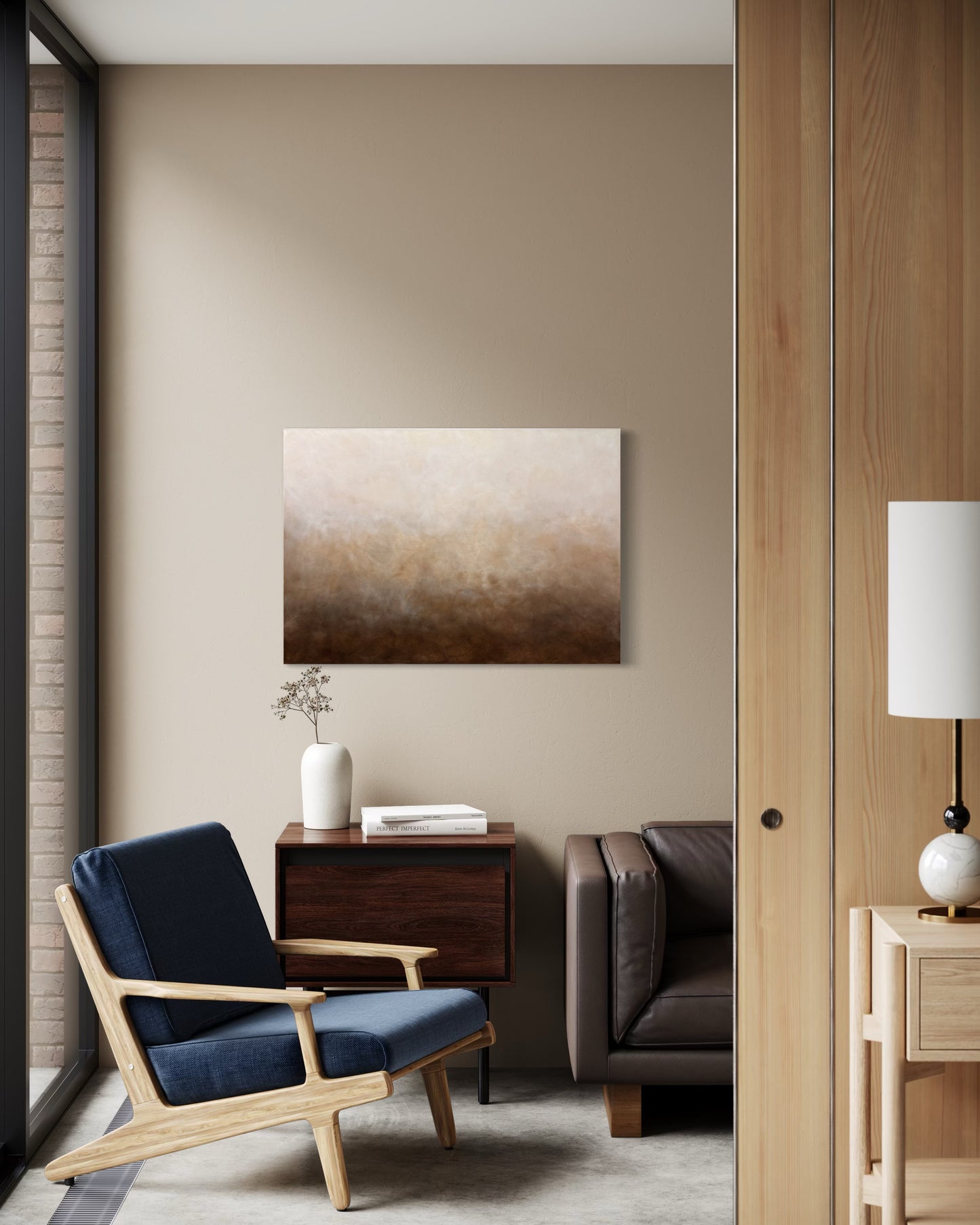 Abstrakt tavla Där Älvorna Dansar av Elin Palmgren, 70x100 cm, akryl på duk som hänger på en beige vägg