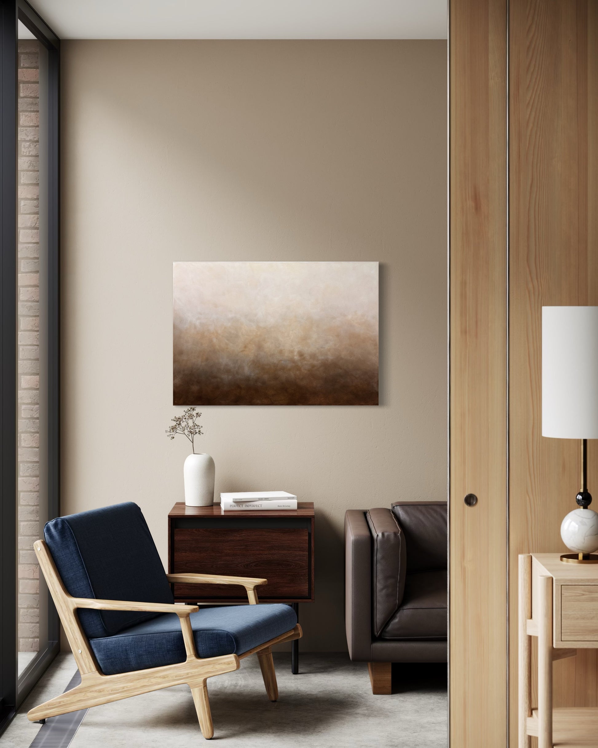 Abstrakt tavla Där Älvorna Dansar av Elin Palmgren, 70x100 cm, akryl på duk som hänger på en beige vägg