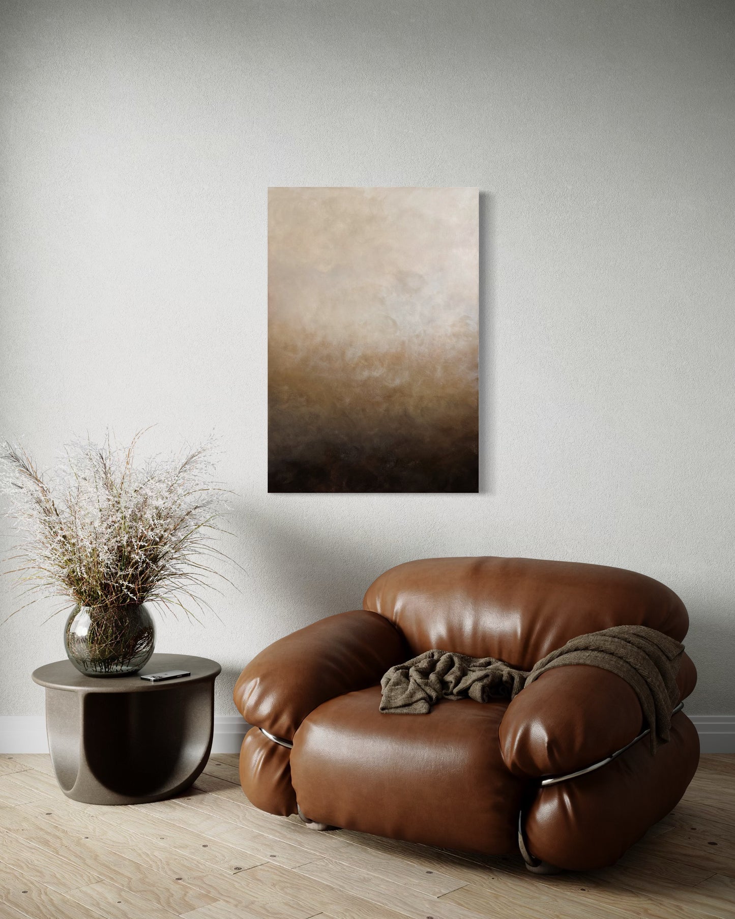 Abstrakt tavla Glimmer av Elin Palmgren i ett vardagsrum, 70x100 cm, akryl på duk
