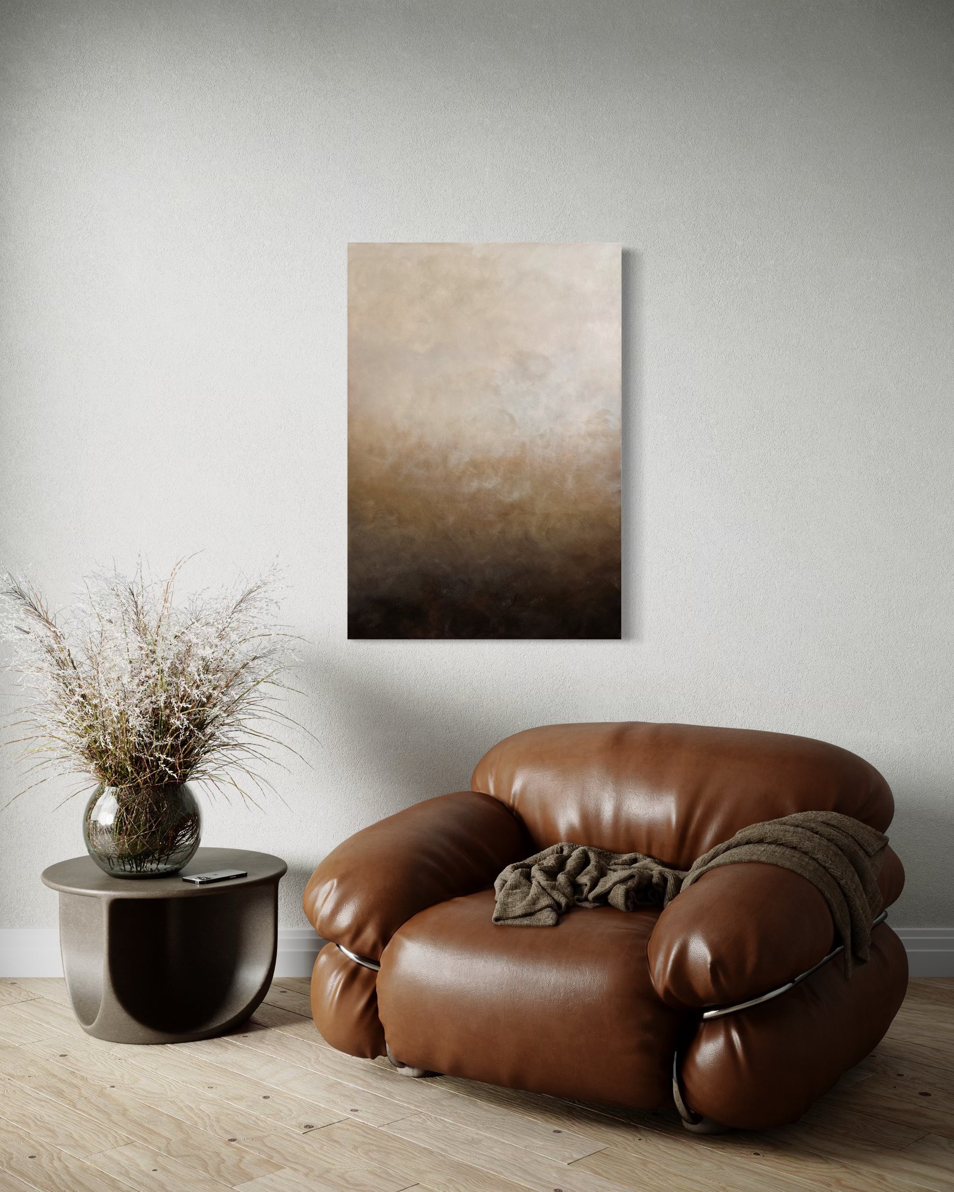 Abstrakt tavla Glimmer av Elin Palmgren i ett vardagsrum, 70x100 cm, akryl på duk