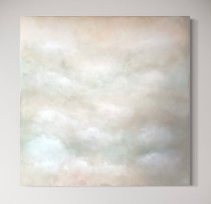 Närbild av abstrakt tavla Gloria 100x100 cm – handmålad teknik i vit, ljusrosa och grön av Elin Palmgren
