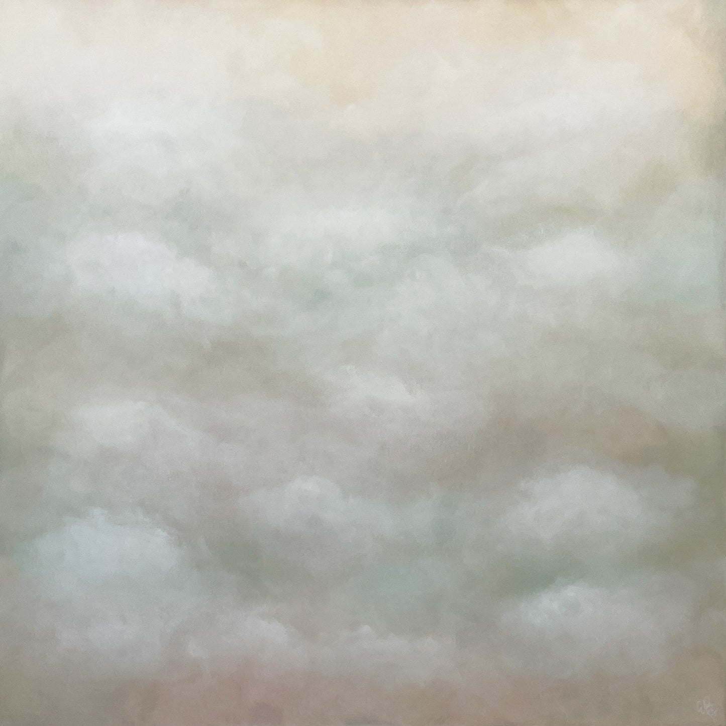 Abstrakt tavla Gloria av Elin Palmgren, 100x100 cm, akryl på duk i mjuka toner av blå, grön, rosa och beige