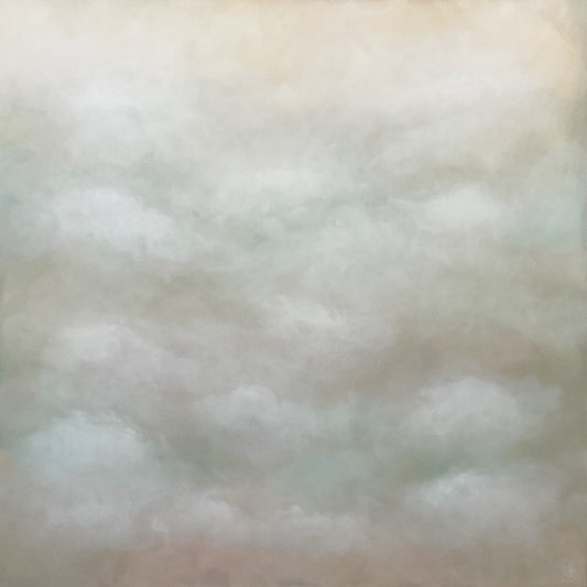 Abstrakt tavla Gloria av Elin Palmgren, 100x100 cm, akryl på duk i mjuka toner av blå, grön, rosa och beige