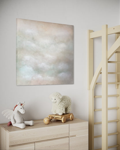 Gloria av Elin Palmgren – abstrakt handgjord tavla i beige, rosa, blå och grön i ljust barnrum