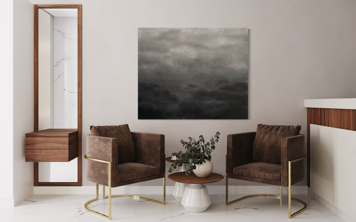 Handmålad abstrakt tavla Grey Delight 100x120 cm – deep edge canvas av Elin Palmgren ovanför två bruna fåtöljer