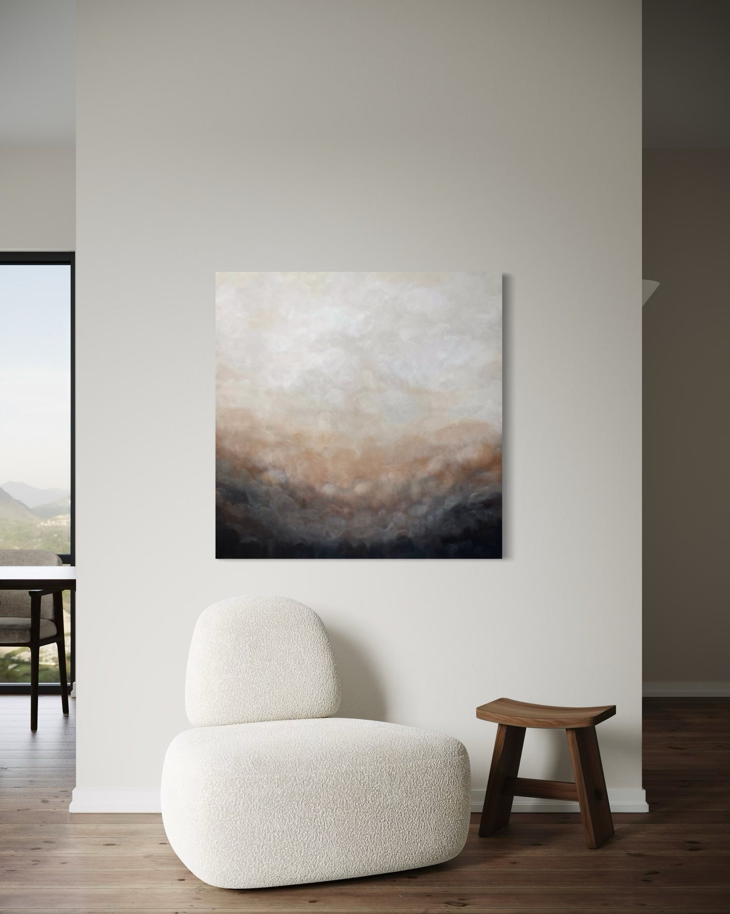 Gryning 100x100 cm av Elin Palmgren – lugn japandi-inredning med abstrakt konst i svart, koppar, vit och beige