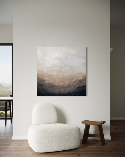 Gryning 100x100 cm av Elin Palmgren – lugn japandi-inredning med abstrakt konst i svart, koppar, vit och beige