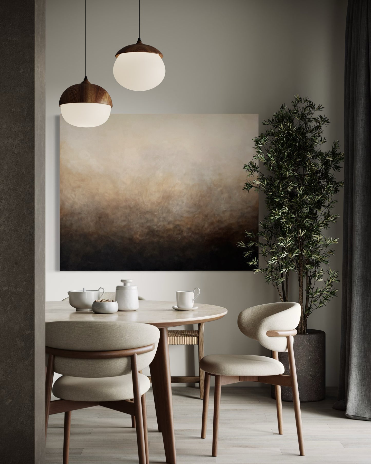 Höstvind av Elin Palmgren – lugn japandi-inredning med abstrakt konst i svart, brun och beige