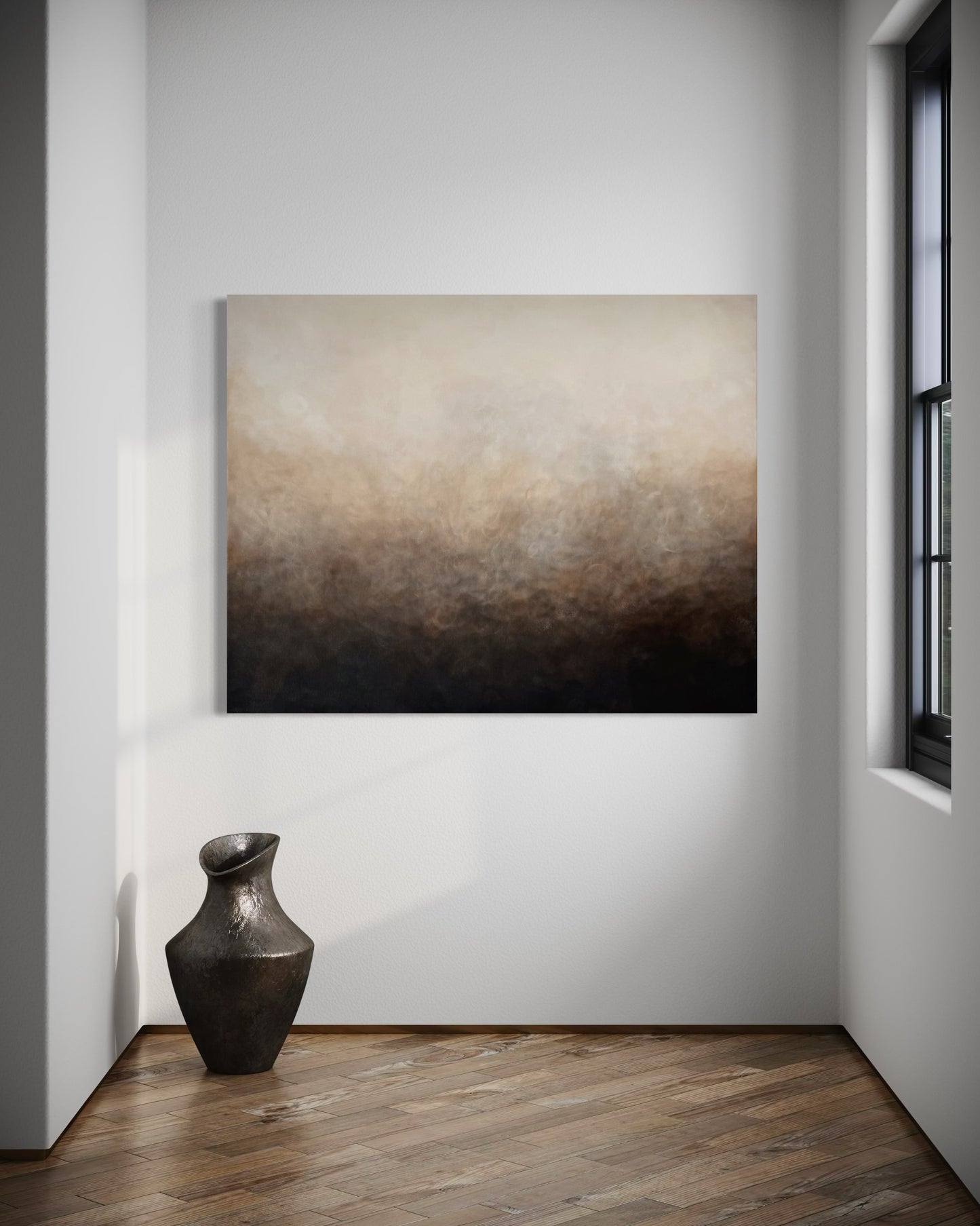 Stilrent rum med handmålad abstrakt tavla Höstvind – deep edge canvas av Elin Palmgren
