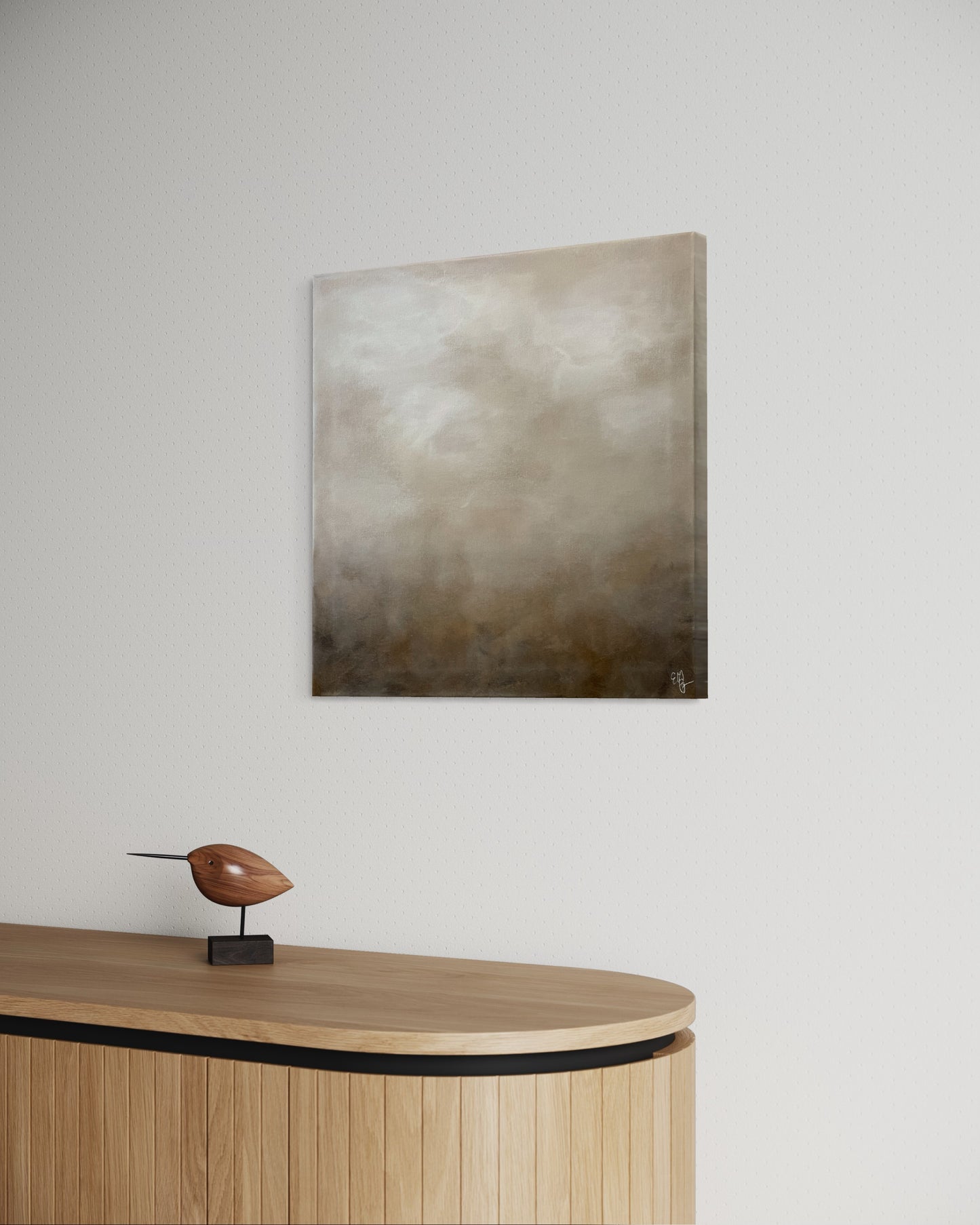 Abstrakt tavla Louisa 50x50 cm av Elin Palmgren, akryl på duk ovanför en skänk