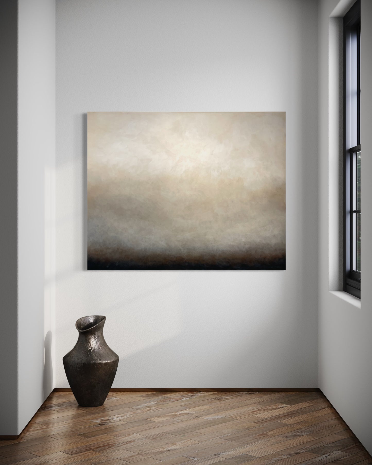 Morgondis av Elin Palmgren – abstrakt tavla i grå, svart och beige i minimalistisk hall