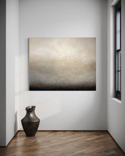 Morgondis av Elin Palmgren – abstrakt tavla i grå, svart och beige i minimalistisk hall