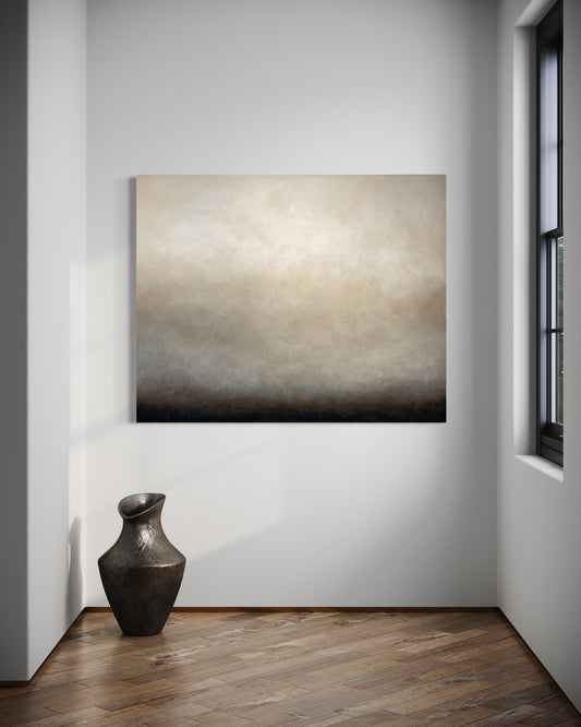 Morgondis av Elin Palmgren – abstrakt tavla i grå, svart och beige i minimalistisk hall
