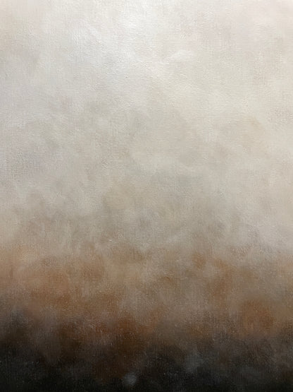 Närbild av abstrakt tavla Morgondis – handmålad teknik i grå, beige, brun och svart av Elin Palmgren