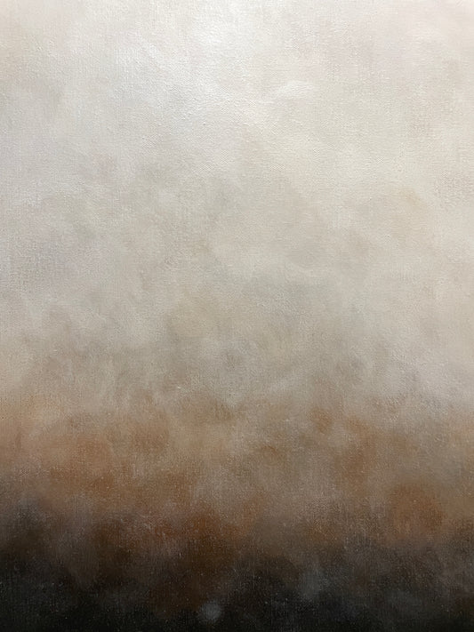 Närbild av abstrakt tavla Morgondis – handmålad teknik i grå, beige, brun och svart av Elin Palmgren