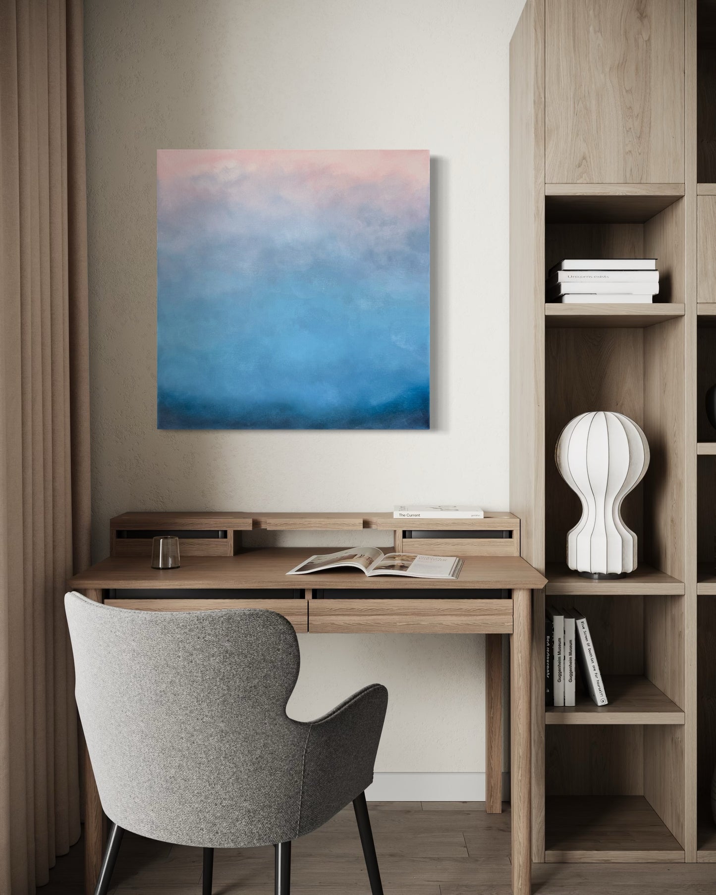 Morgondrömmar 70x70 cm – handmålad abstrakt tavla av Elin Palmgren i japandi-inrett kontor, LUGN Interiör Linköping