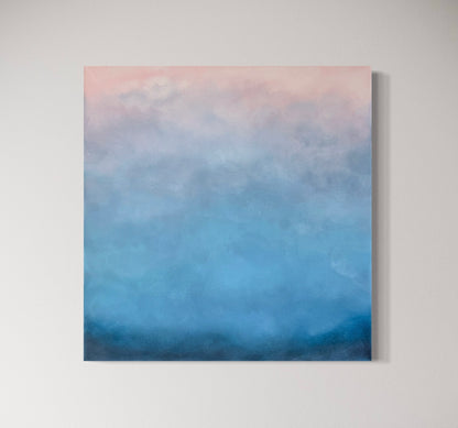 Handmålad abstrakt tavla Morgondrömmar – deep edge canvas 70x70 cm i rosa och blå av Elin Palmgren