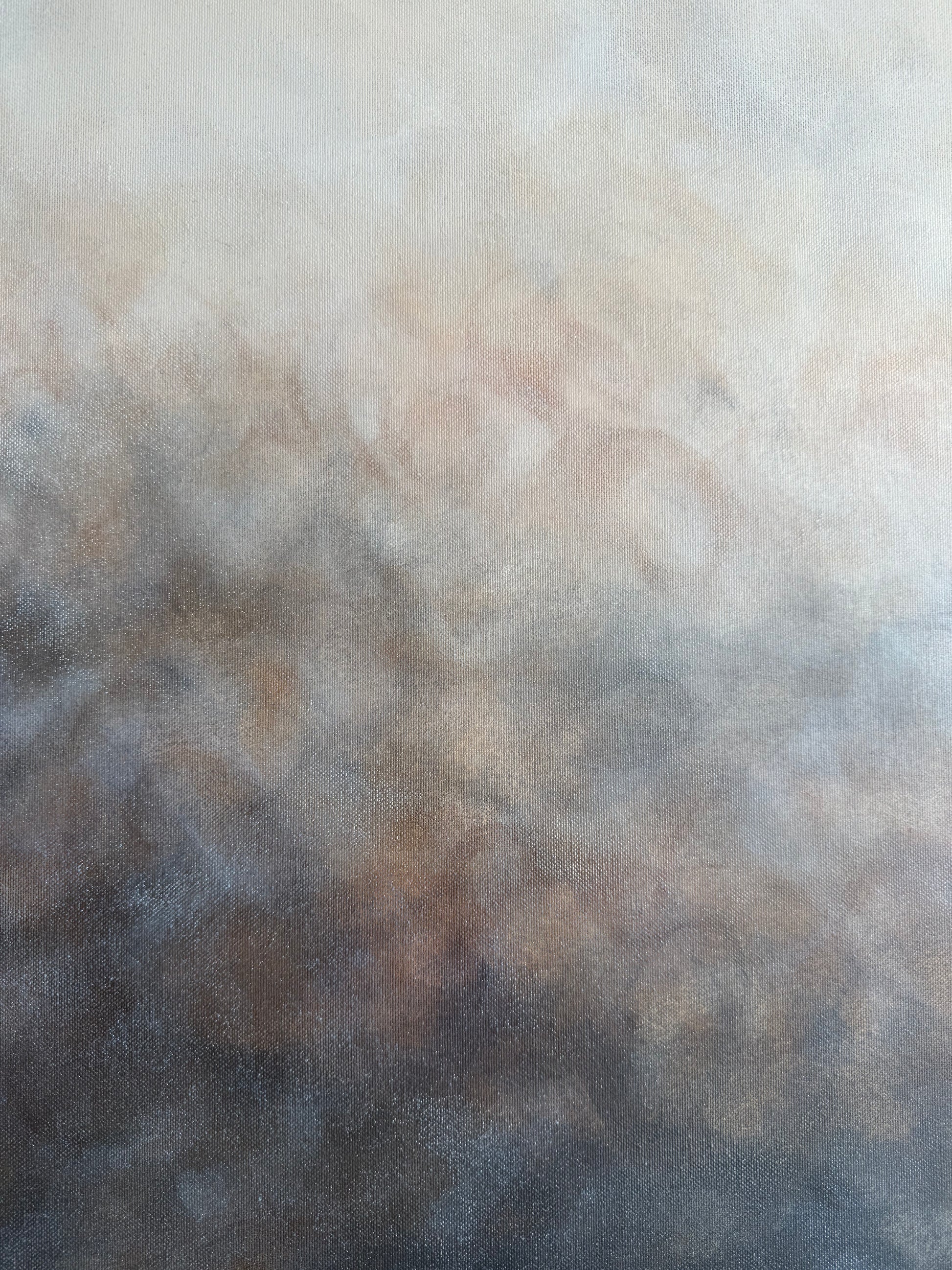 Närbild av penseldrag i Rökslöja – abstrakt tavla i beige, grå och svart av Elin Palmgren
