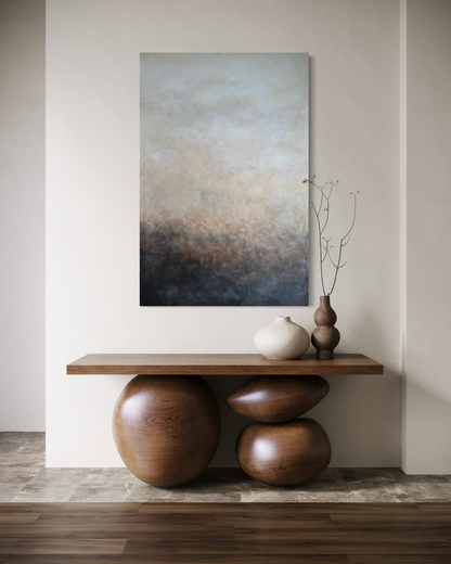 Rökslöja - tavla i 100x150 cm av Elin Palmgren i japandi-inspirerad hall med mörkt träbord och jordnära detaljer