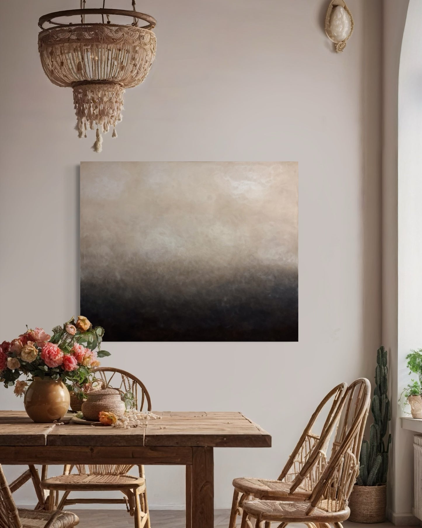 Skymning av Elin Palmgren – lugn inredning med abstrakt konst i beige, grå och svart