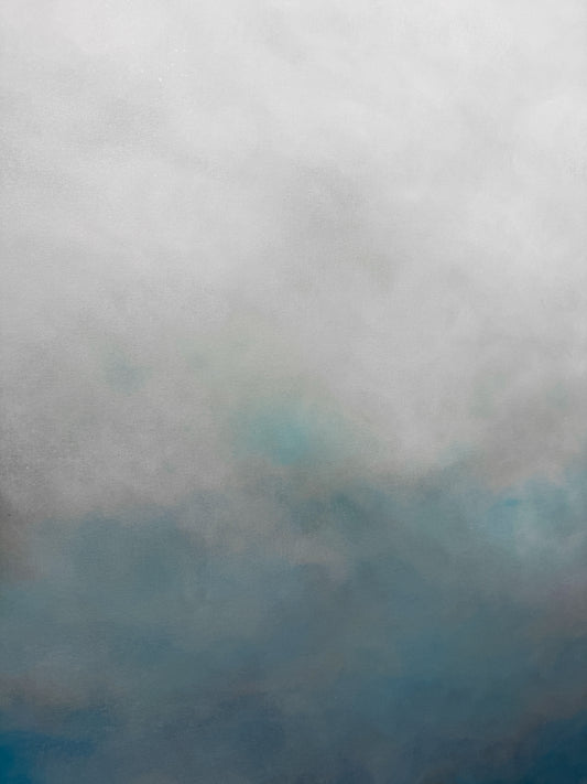 Närbild av abstrakt tavla Soft Blue – handmålad teknik i blå och vit inspirerad av moln av Elin Palmgren