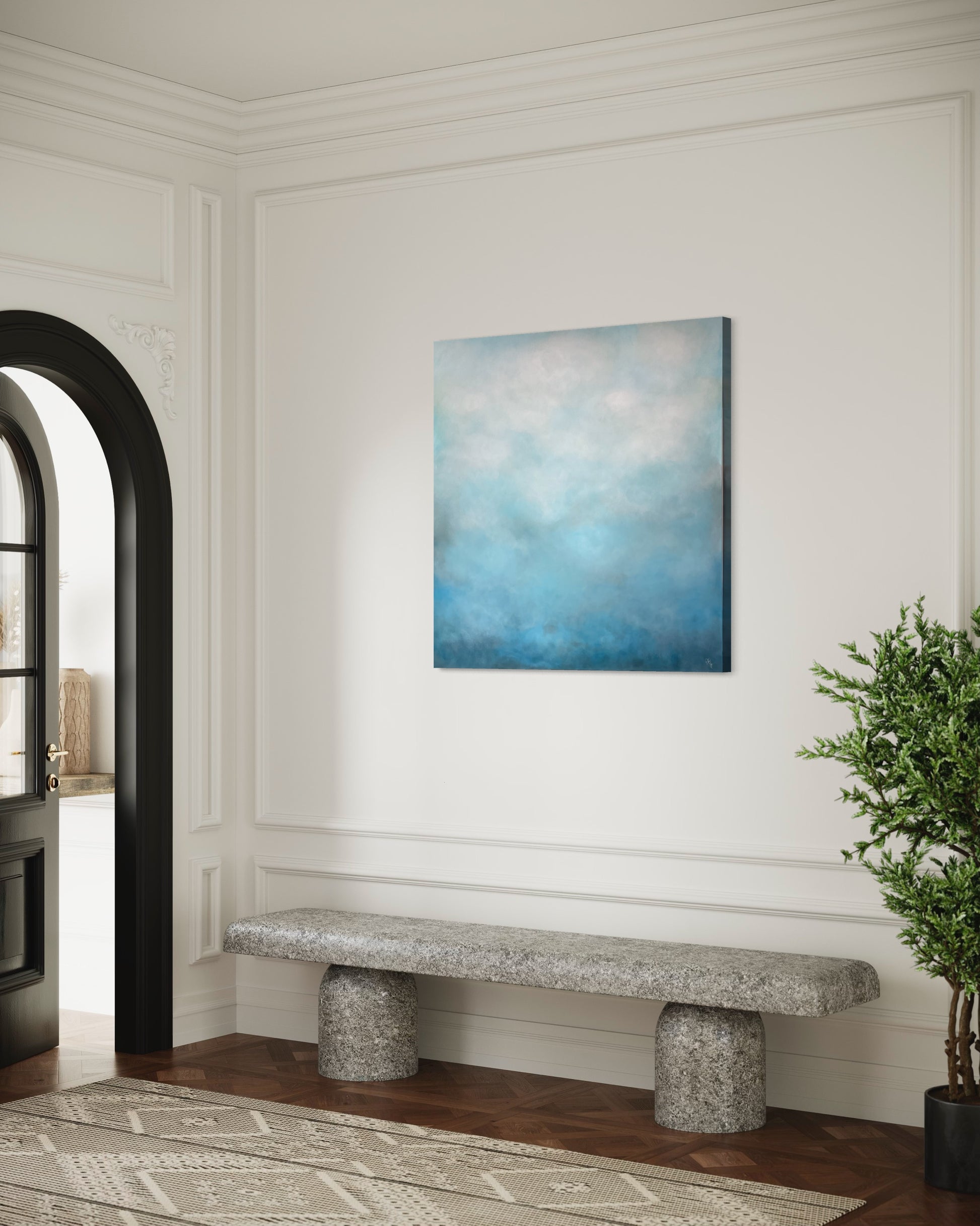 Abstrakt tavla Soft Blue av Elin Palmgren, 100x100 cm, akryl på duk som hänger på en vit vägg