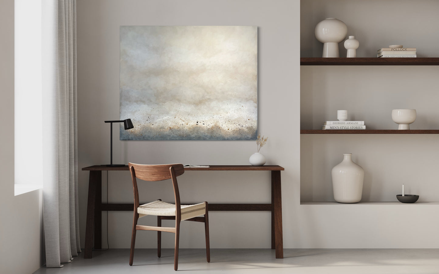 Speckles av Elin Palmgren – abstrakt tavla i grå och beige i minimalistiskt kontor med möbler i valnöt