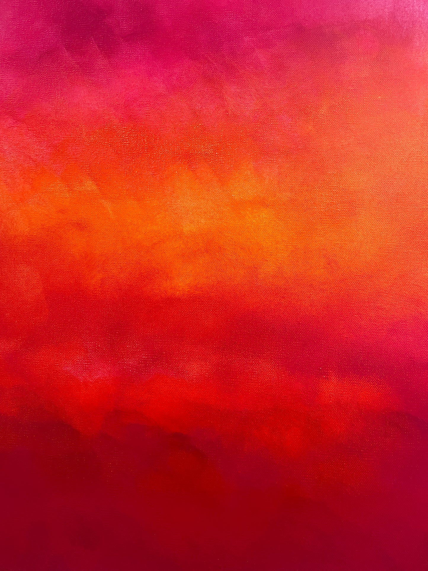 Närbild av penseldrag i abstrakt tavla Sunset – handmålad teknik i orange, röd och rosa av Elin Palmgren