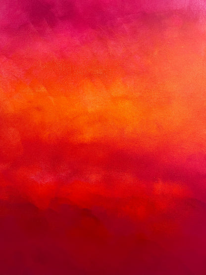 Närbild av penseldrag i abstrakt tavla Sunset – handmålad teknik i orange, röd och rosa av Elin Palmgren