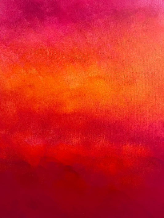 Närbild av penseldrag i abstrakt tavla Sunset – handmålad teknik i orange, röd och rosa av Elin Palmgren