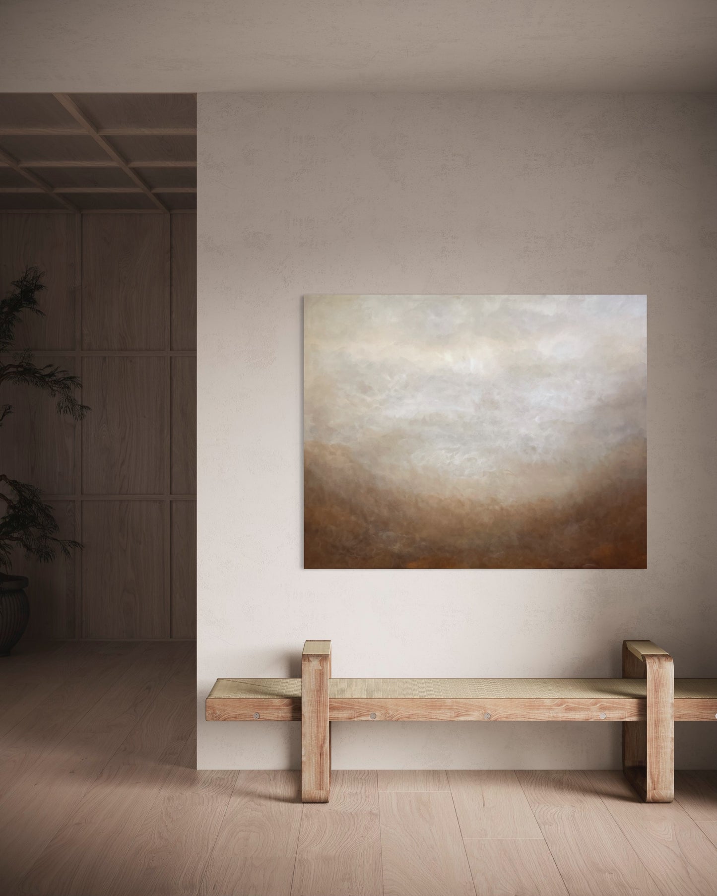 Terrahaze 120x150 cm av Elin Palmgren – abstrakt tavla i brun och beige i minimalistiskt rum med bänk i trä