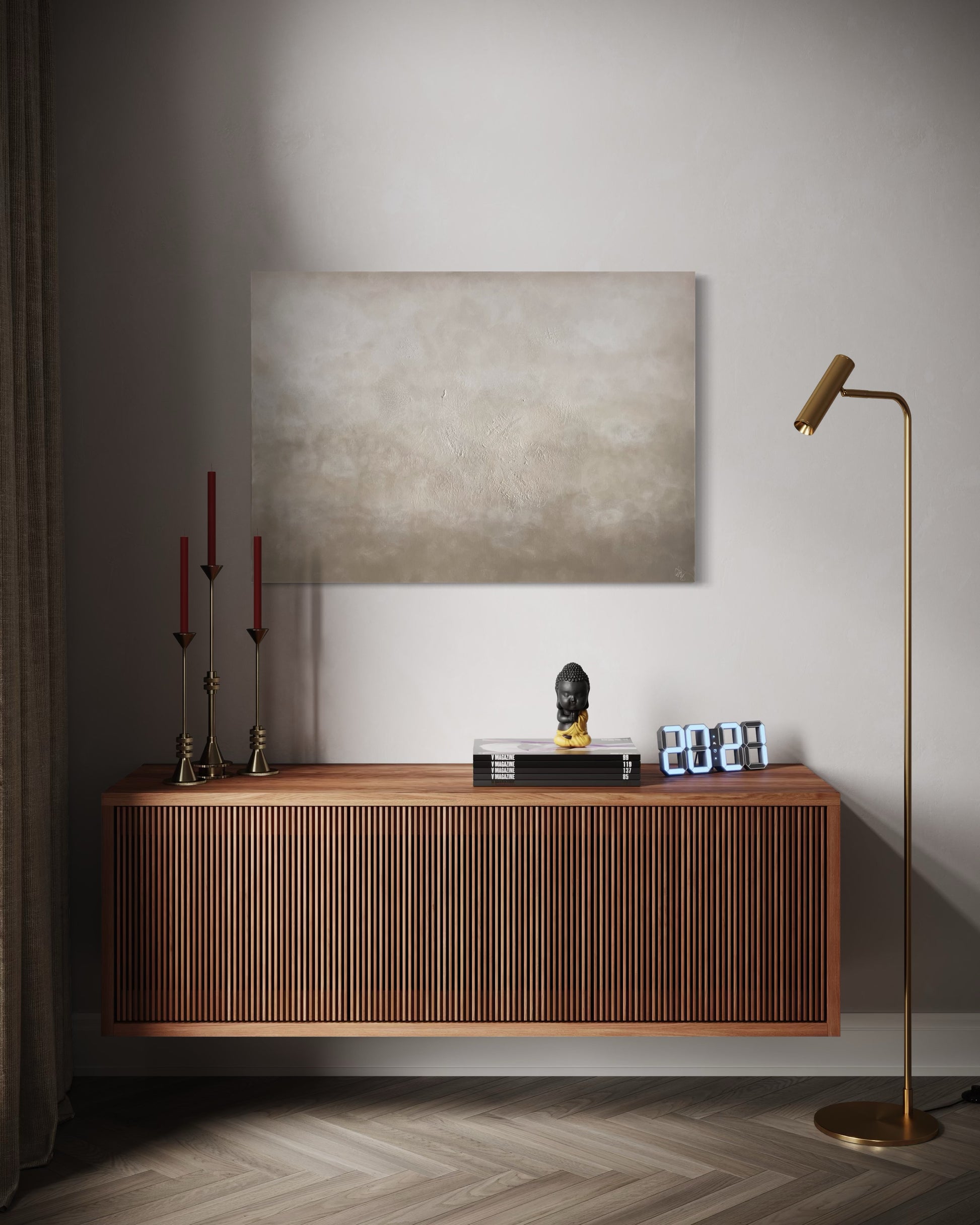 Abstrakt handmålad tavla Textured Beige ovanför en träskänk – Elin Palmgren, LUGN Interiör