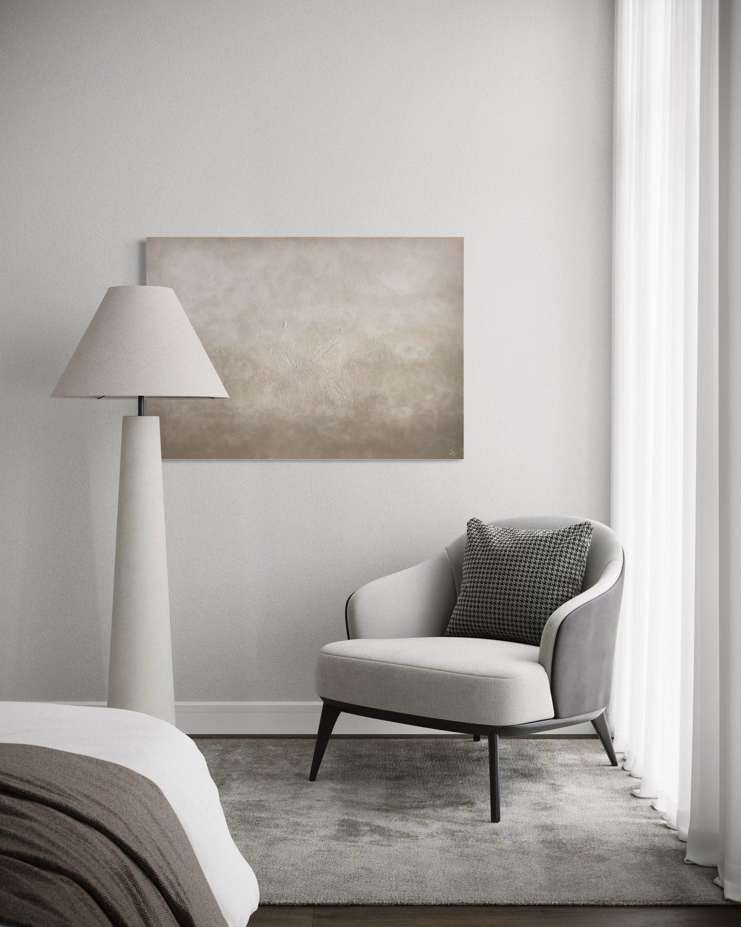 Handmålad tavla Textured Beige av Elin Palmgren som hänger i ett vitt minimalistiskt sovrum 