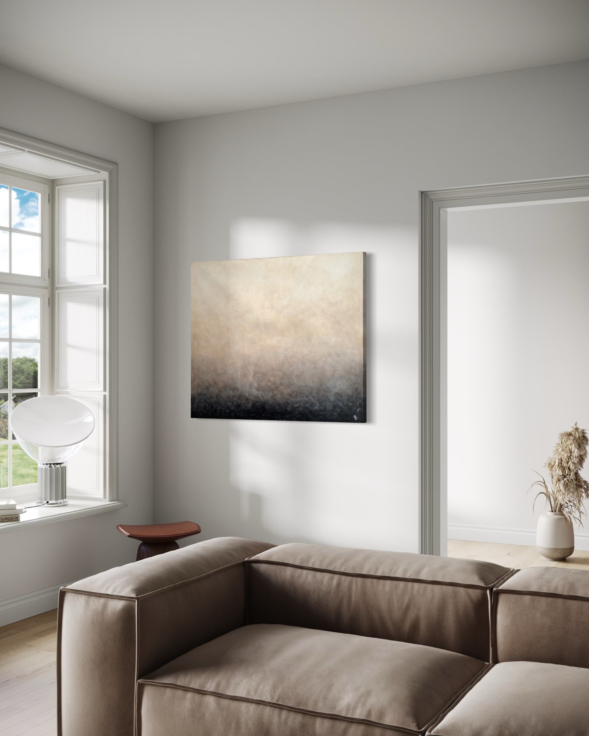 Handmålad abstrakt tavla Vårljus – deep edge canvas av konstnär Elin Palmgren i harmoniskt rum