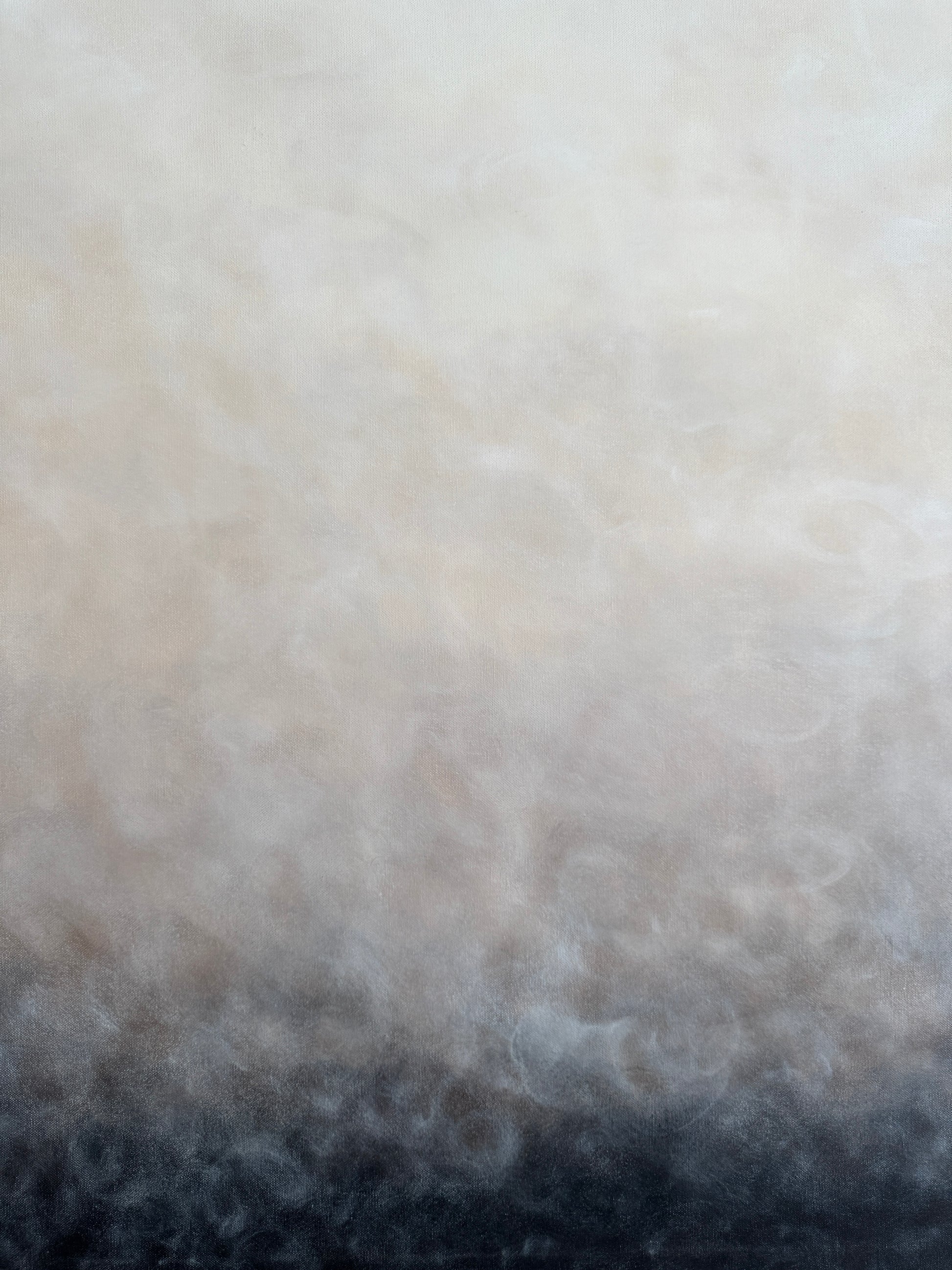 Närbild av abstrakt tavla Vårljus med mjuka skiftningar mellan svart, grå, beige och vit av Elin Palmgren