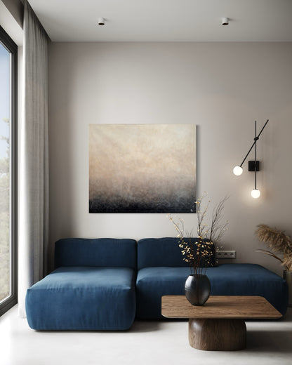 Vårljus 100x120 cm av Elin Palmgren – lugn inredning med abstrakt konst i beige, grå och svart