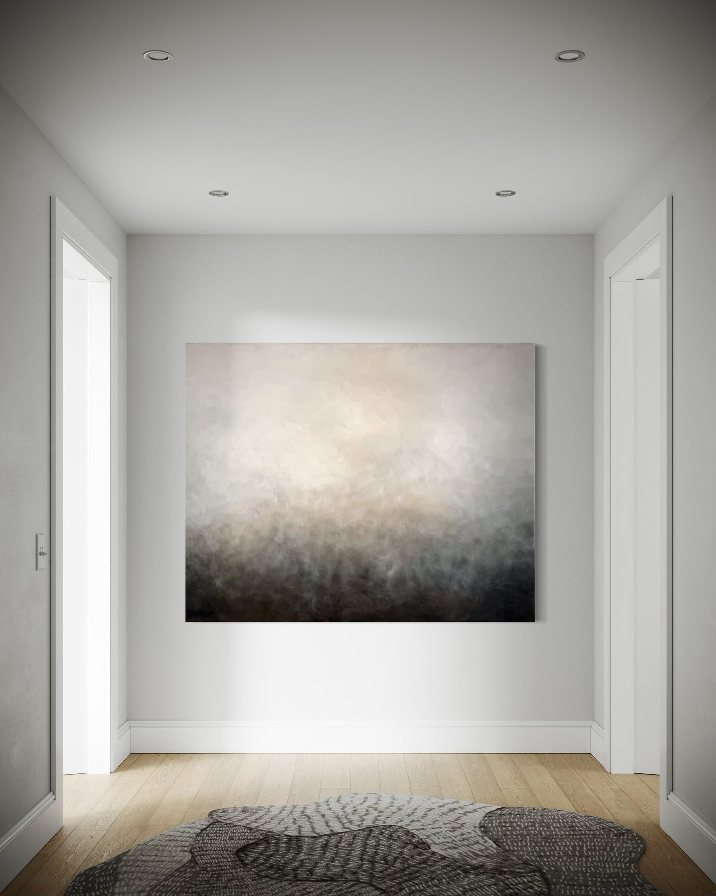 Vintermorgon 120x150 cm av Elin Palmgren – abstrakt tavla i svart, grå och beige i ljus stilren hall