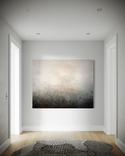Vintermorgon 120x150 cm av Elin Palmgren – abstrakt tavla i svart, grå och beige i ljus stilren hall